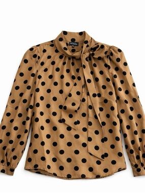 Tie-Neck Polka Dot Blouse in Tan and Black - Aritzia